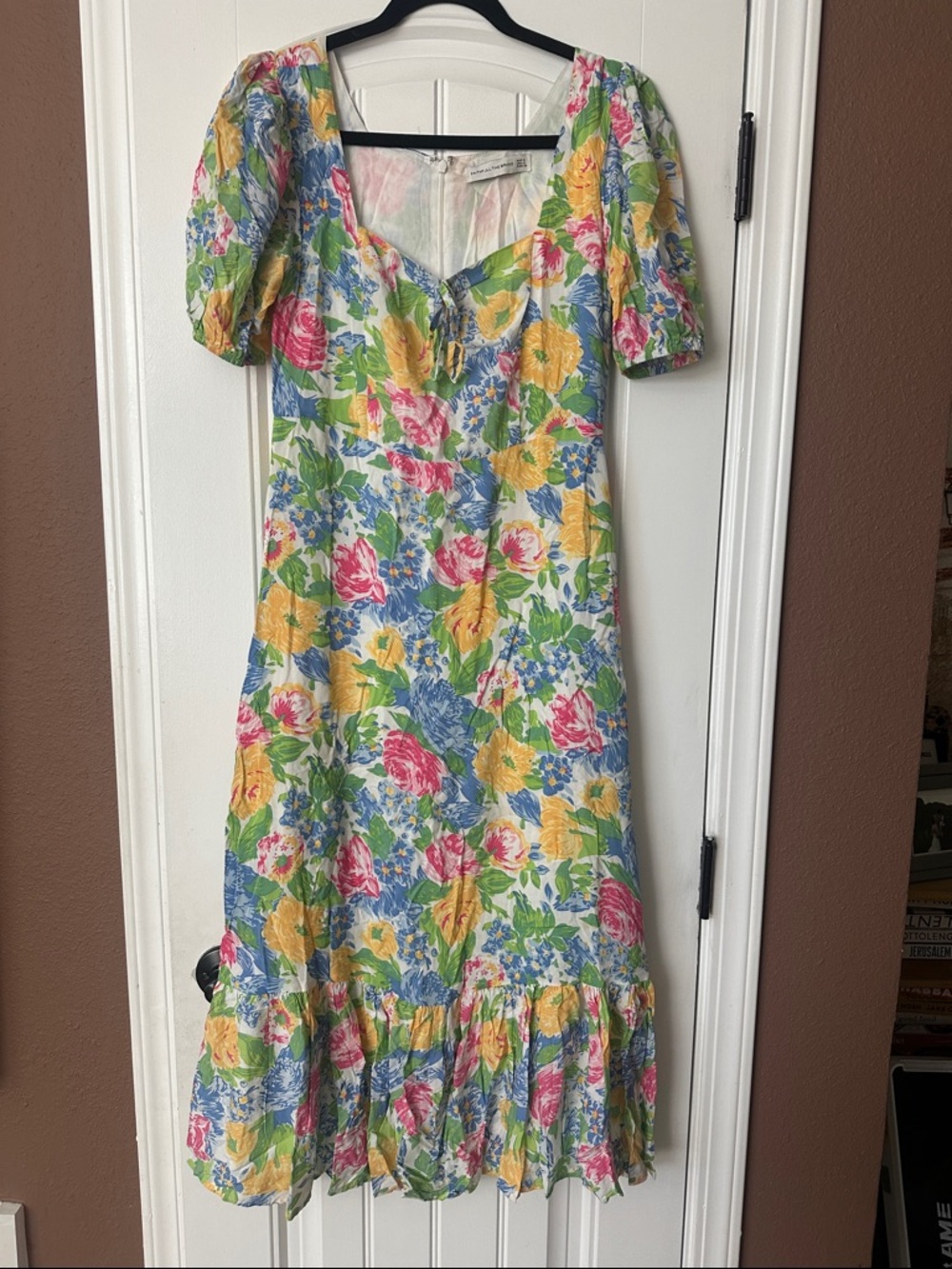 Faithfull the Brand Floral Puff-Sleeve Midi Dress in Yellow, Pink & Blue